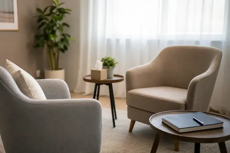 Calm therapy room representing compassionate cocaine addiction treatment and recovery support