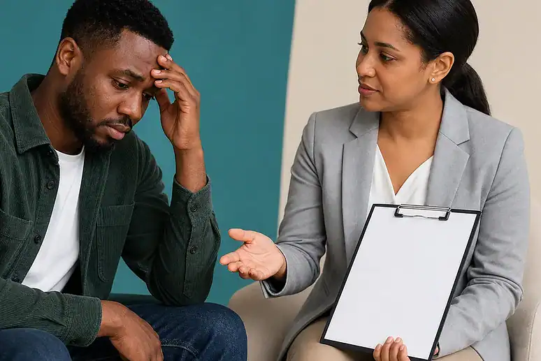 Person discussing cocaine addiction signs, effects and treatment options with a counsellor