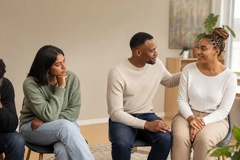 Four people representing distress, awareness, accepting support and recovery through addiction treatment