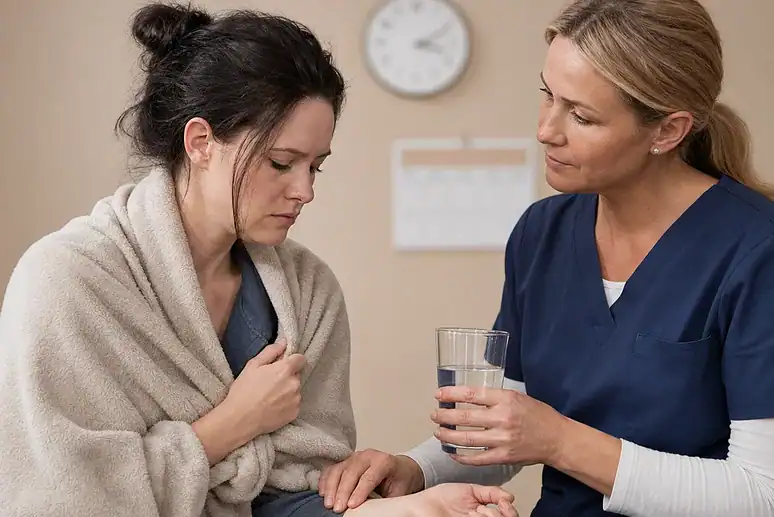 Person receiving supervised support during heroin withdrawal with clock and calendar showing withdrawal duration