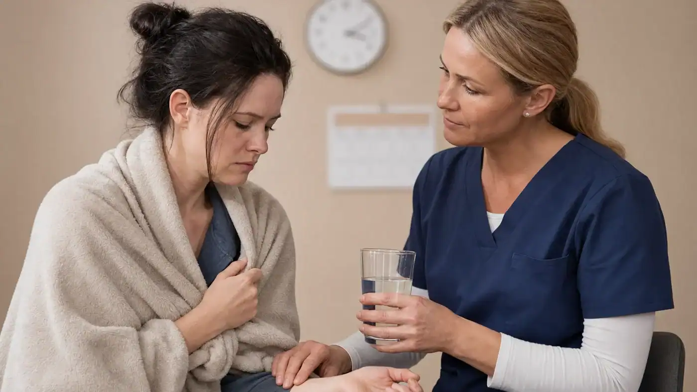 Person receiving supervised support during heroin withdrawal with clock and calendar showing withdrawal duration